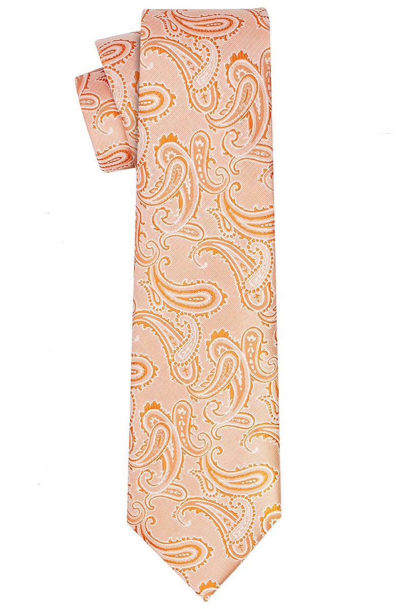 KissTies Peach Tie Set Paisley Necktie Pocket Square + Gift Box - Image 2